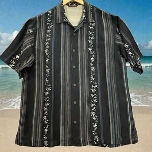 Tommy Bahama Hawaiian Aloha Shirt Mens L Silk Linen Black Bamboo Stripe Camp